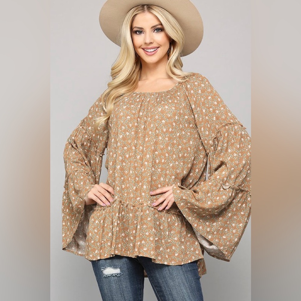Floral print rayon gauze and bell sleeve top - Picture 3 of 5